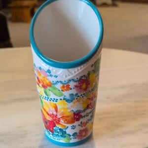 Pioneer Woman floral Ceramic Vase with Teal Trim